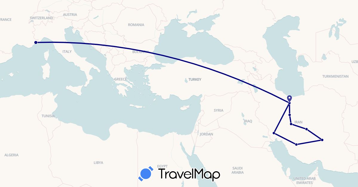 TravelMap itinerary: driving in France, Iran (Asia, Europe)